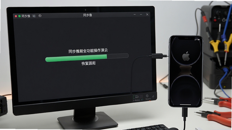 同步推刷机功能操作演示,电脑屏幕显示恢复固件进度条,旁边连接着一部iPhone手机,界面风格为深色专业模式,突出数据安全与稳定性,软件名称同步推显示在工具栏,画面聚焦科技维修场景