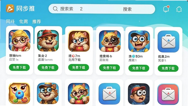 同步推应用商店界面截图,屏幕中展示多款热门游戏和应用图标,带有“免费下载”绿色按钮,界面采用卡片式布局,顶部有搜索栏,整体色调明亮,突出资源丰富感,包含同步推品牌标识,画面清晰,适合应用推荐场景
