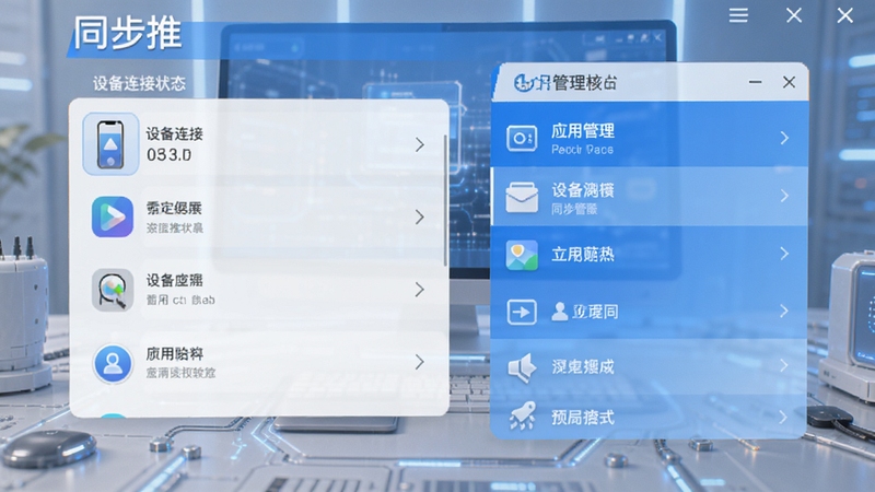 同步推软件主界面预览图,画面左侧是设备连接状态显示区,右侧是应用管理功能面板,整体采用蓝白配色,界面清爽简洁,背景为浅灰色科技感桌面环境,软件名称同步推以Logo形式出现在左上角,画面比例16:9,风格写实高清