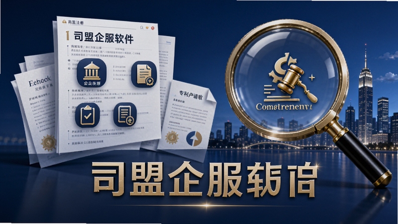将司盟企服软件界面与知识产权元素结合的艺术概念图,展示商标注册、专利申请的图标与政策文件,背景为放大的放大镜和城市剪影,色彩以蓝色和金色为主,突出专业与价值发现。