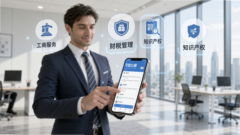 一张现代感的企业办公场景图,展示一位商务人士正使用手机上的司盟企服应用界面,背景有清晰的工商服务、财税管理、知识产权等图标元素,画面明亮专业,突出软件的一站式企业服务功能。