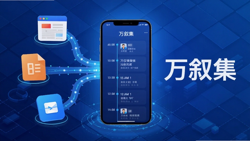 万叙集聚合功能示意图,多个不同来源的图标(如网页、文档、订阅源)汇聚到中心手机屏幕,屏幕内显示统一时间轴信息流,背景为抽象科技网格,蓝色主色调,画面有动感,突出万叙集软件名称,风格简洁明亮,适合功能展示