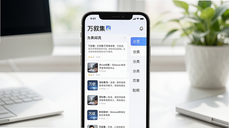 万叙集主界面预览图,展示聚合阅读信息流与分类侧边栏,浅色背景,界面干净现代,手机屏幕居中,周围有柔和的办公桌面环境与绿植点缀,画面通透自然,光线明亮,风格写实,突出软件名称“万叙集”的视觉标识,适合作为软件介绍页首图