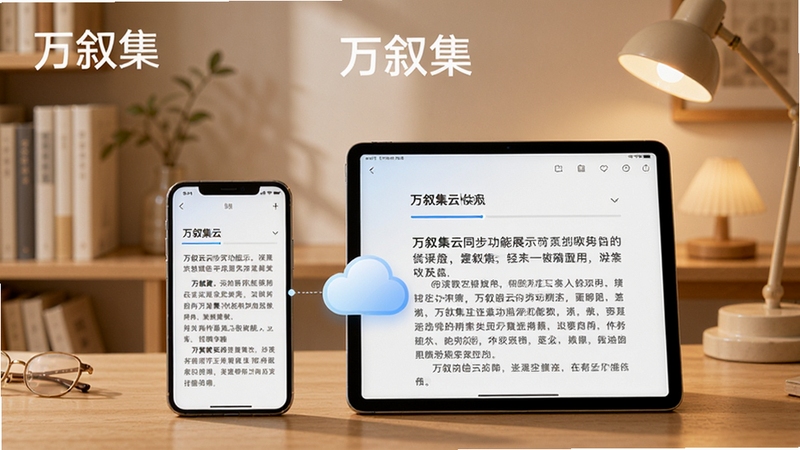 万叙集云同步功能展示,一部手机与一台平板电脑并排,屏幕显示相同文章进度,中间有云朵图标连接,背景为简约书房场景,暖色调,突出软件名称“万叙集”,画面温馨实用,风格写实清晰