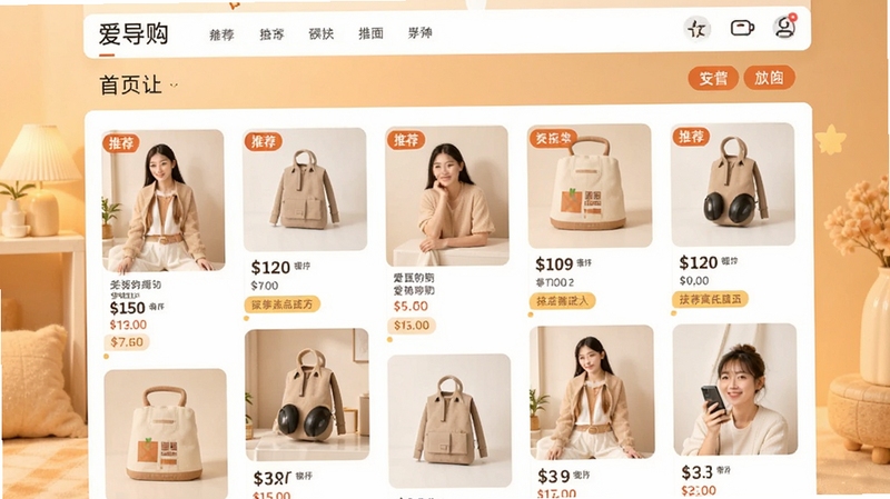 爱导购主界面预览,展示首页精选商品瀑布流,背景为温馨的暖色调,主体区域清晰展示商品图片、价格与推荐标签,整体风格清新明快,突出购物导购氛围