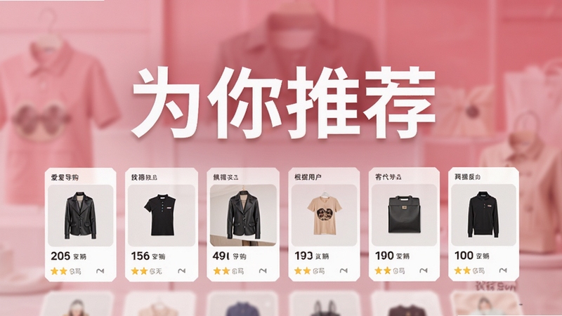 爱导购智能推荐页面示意图,前景为根据用户喜好展示的多款商品卡片,背景为模糊的粉色渐变,画面中突出“为你推荐”字样,风格现代简洁,体现个性化服务