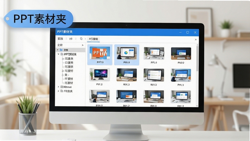 一张现代简洁的电脑桌面场景,屏幕中央显示PPT素材夹软件主界面,左侧为分类树,右侧为缩略图网格预览区,界面以蓝白为主色调,背景为柔和的办公环境,突出软件高效整合素材的核心功能,画面清晰明亮,软件名称PPT素材夹以标签形式悬浮于界面左上角,整体风格适配专业软件介绍图。