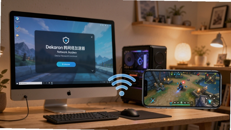 展示挑战韩网络加速器(Dekaron网络加速器)同时连接PC与手机的画面,左侧为台式机屏幕显示加速成功界面,右侧为手机横屏运行游戏,中间WiFi信号图标连接两台设备,背景为温馨的室内游戏场景,光线柔和,界面清爽,体现多设备兼容与便捷共享加速特性,构图中正,色彩和谐。