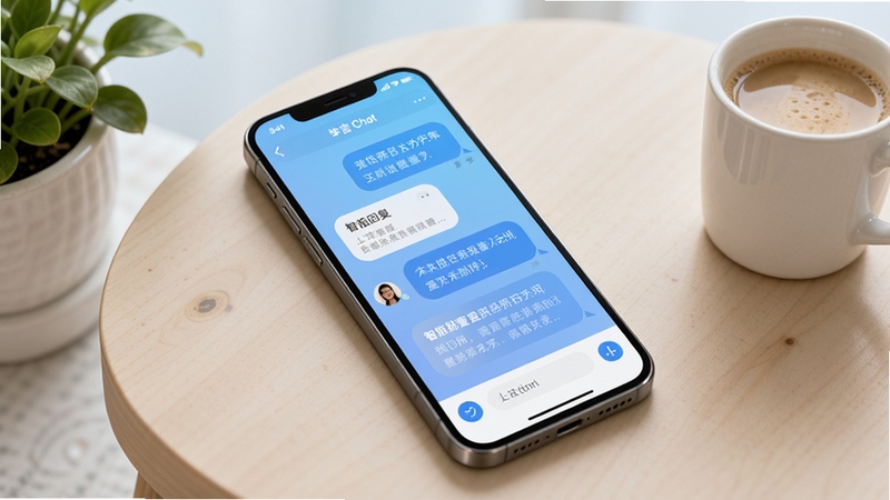 欲言 Chat 应用主界面预览图,画面主体为手机屏幕中的对话界面,背景为柔和的渐变蓝色调,界面显示简洁的聊天气泡和智能回复内容,整体风格现代、清新、充满科技感,手机斜放在浅色桌面上,周围有绿植和咖啡杯作为点缀,光线明亮柔和,突出社交与陪伴的温暖氛围。