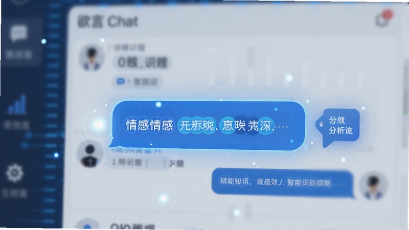 展示欲言 Chat 智能识别功能的界面截图,屏幕中高亮显示对话气泡中识别出的情感关键词,旁边有分析标签图标,背景虚化,突出AI处理信息的科技感,色调以蓝色和白色为主,画面清晰,带有效果光点,营造出智能、高效、精准的氛围。