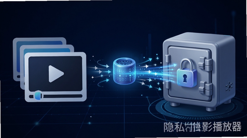 隐私独影播放器加密保险箱功能示意图,画面左侧是视频文件图标,右侧是带有密码锁的保险箱动画,中间有数据加密流转的光效,背景为深蓝色科技网格,整体风格简洁明了,突出安全传输概念,包含软件名称“隐私独影播放器”水印