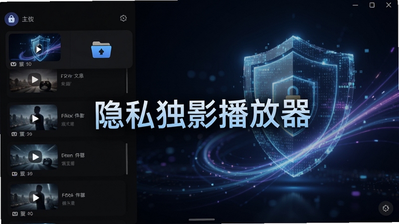 隐私独影播放器主界面预览图,深色主题下显示视频列表与加密文件夹图标,背景为抽象数字盾牌与流畅光线,整体风格科技感且注重隐私保护氛围,画面中心突出应用名称“隐私独影播放器”,16:9横幅构图,高清渲染