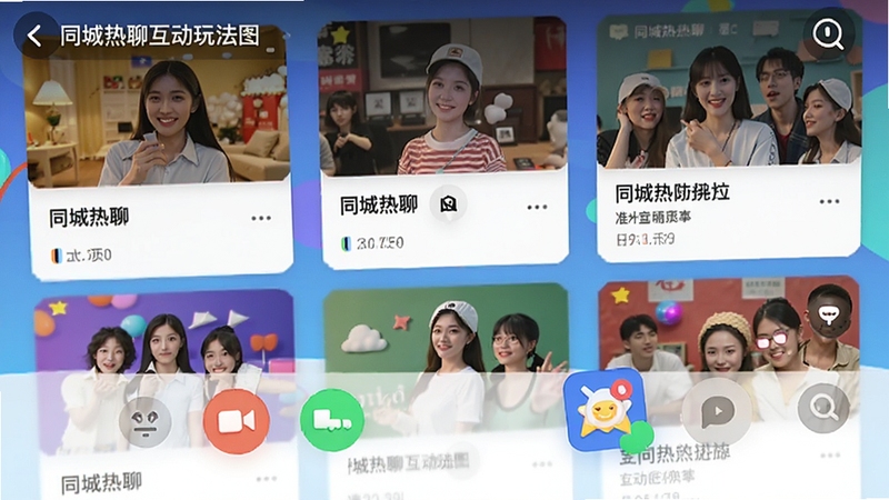 同城热聊互动界面截图,展示语音通话和游戏入口图标,背景有动态广场的内容卡片,色彩活泼鲜艳,整体布局清晰,体现软件互动多样性,alt=