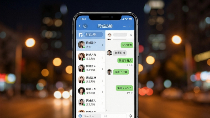 同城热聊主界面预览图,展示附近的人列表与聊天窗口,背景为模糊的城市夜景,暖色调灯光点缀,画面中心是手机界面,突出软件交友功能,风格现代简洁,高清,alt=