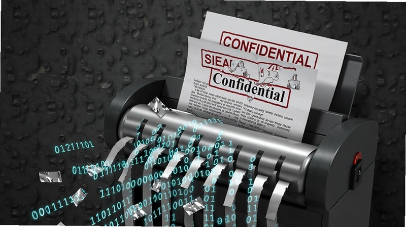 File Shredder���ݰ�ȫ����ͼ��������һ����е��ֽ�����ڷ�����С�confidential��������ֽ�ţ�ֽ����Ƭɢ��ɶ����ƴ��룬����Ϊ���ɫ�ʸ�ǽ�棬�����󻯣�������Ϣ�����밲ȫ������