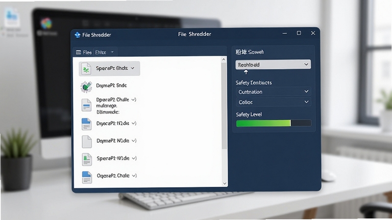 File Shredder������Ԥ��ͼ��һ����������ɫ���������ڣ�����ļ��б���ʾ����������ĵ����Ҳ���ʾ�����㷨ѡ���밲ȫ����ָʾ��������Ϊ�ɾ��İ칫���滷�������廭��дʵ������ͻ������רҵ���������ԣ���������Ϊ���������ڣ���������Ϊģ���ĵ������档