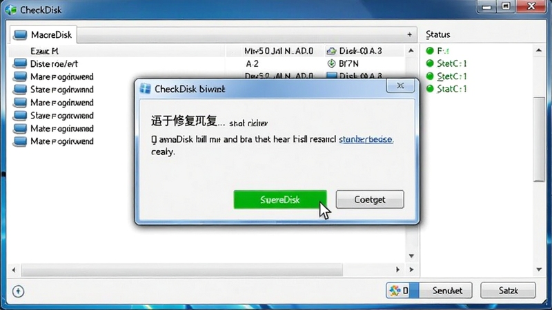 CheckDisk修复操作界面截图,画面中心显示一个弹窗询问是否开始修复,周围有磁盘列表与状态指示灯,修复按钮为醒目的绿色,背景为干净的Windows桌面,鼠标指针悬停在按钮上,光线自然,界面UI元素清晰可辨