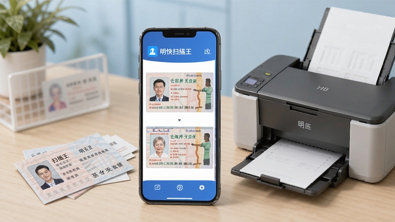 明快扫描王证件扫描功能演示,手机屏幕展示身份证正反面合成排版,桌面上放有证件与打印机,画面构图清晰,强调软件名称明快扫描王,突出专业与便捷