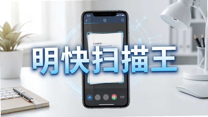 明快扫描王完整功能概览展示图,画面中央为智能手机界面显示扫描文档过程,背景为简约办公桌面,整体色调明亮清爽,突出软件名称明快扫描王,风格写实且具有科技感