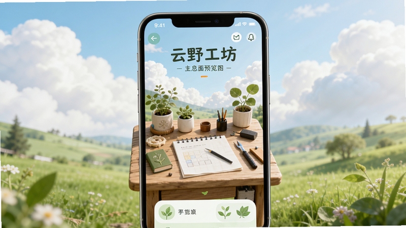 云野工坊主界面预览图,展示清新自然的UI设计风格,手机屏幕中央有创意工作台,背景是柔和云朵和绿色原野,整体色调明亮舒适,画面主体突出,适合作为应用宣传图