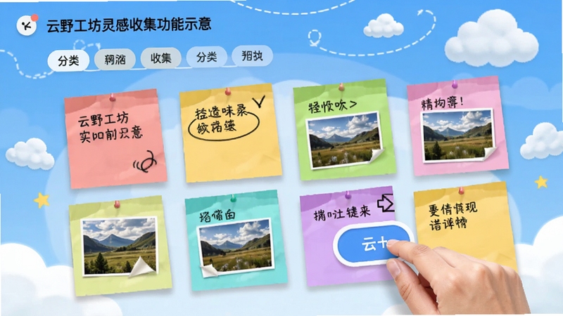 云野工坊灵感收集功能示意,界面展示多个彩色便签卡片,包含文字与图片内容,用户正在点击添加按钮,背景有云朵图标,画面清晰展示分类标签栏,整体风格活泼明快
