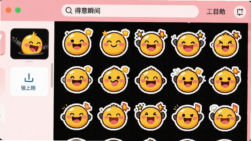 得意满满软件的表情包素材库界面,屏幕上整齐排列着各种卡通风格的笑脸和庆祝动作贴纸,色彩鲜艳丰富,支持预览和下载,顶部搜索栏有“得意瞬间”关键词,背景为淡粉色,整体风格可爱,突出素材的多样性和趣味性