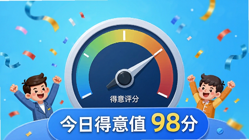 得意满满软件的得意值评分界面,屏幕上显示一个圆形的仪表盘,指针指向高分区域,周围配有欢呼的小人和飘落的彩带,底部有“今日得意值 98分”的醒目字样,背景为清新的蓝色渐变,整体风格活泼,突出数据可视化效果,UI细节丰富