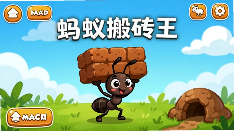 蚂蚁搬砖王游戏主界面预览图,画面中央一只卡通小蚂蚁正扛着一块棕色砖块,背景是绿色草地和蓝天白云,蚁穴入口在画面右下角,UI按钮清晰可见,整体风格明亮可爱,适合休闲游戏宣传图
