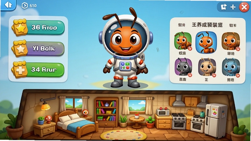 蚂蚁搬砖王养成装扮系统预览图,画面中央展示一只穿着宇航员服装的卡通蚂蚁,周围环绕着属性升级按钮和皮肤切换界面,下方是蚁穴内部装修预览,有床、书架、厨房等家具,界面明亮温馨