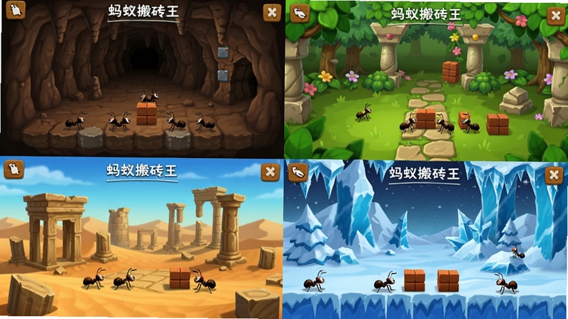 蚂蚁搬砖王多样关卡场景预览图,画面分割为四宫格,分别展示地下洞穴、绿色庭院、沙漠遗迹和冰雪世界四个主题关卡,每个场景中都有小蚂蚁和砖块元素,界面风格统一,细节丰富