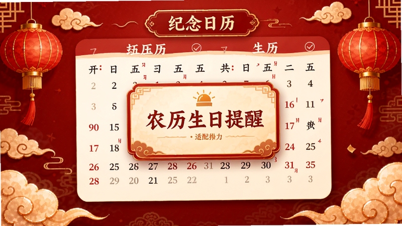 纪念日历的农历转换界面,背景是传统的中国红元素,日历上同时显示公历和农历日期,旁边有祥云和灯笼装饰,界面中央显示“农历生日提醒”的卡片,整体风格融合现代与古典,突出“纪念日历”的传统文化适配能力