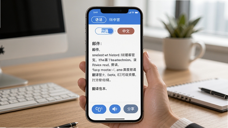 翻译官 多语言翻译功能展示图,手机屏幕展示英文翻译成中文的结果页面,上方语言选项栏显示英语与中文,翻译文本内容为商务邮件,下方有复制、朗读、分享按钮,背景为办公桌面场景,光线柔和,突出翻译官 软件的实用性和专业性