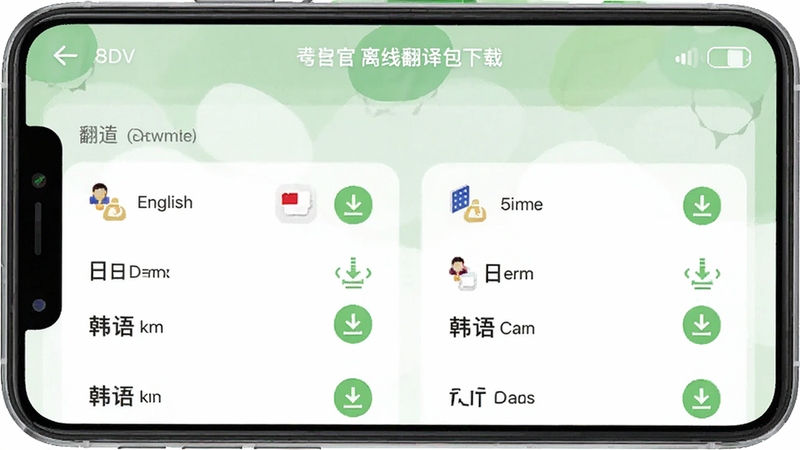 翻译官 离线翻译包下载界面截图,手机屏幕显示已下载和可下载的语言列表,英语、日语、韩语、法语等语言包旁显示下载完成状态图标,背景为浅绿色清新风格,界面简洁直观,突出翻译官 软件的离线功能特色