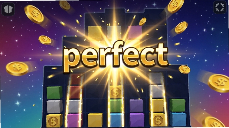 来财游戏内方块消除连击特效画面,屏幕中央出现金色闪光与“perfect”字样,周围散落金币粒子,方块下落轨道清晰,背景为渐变色星空,画面动感绚丽,强调得分与奖励