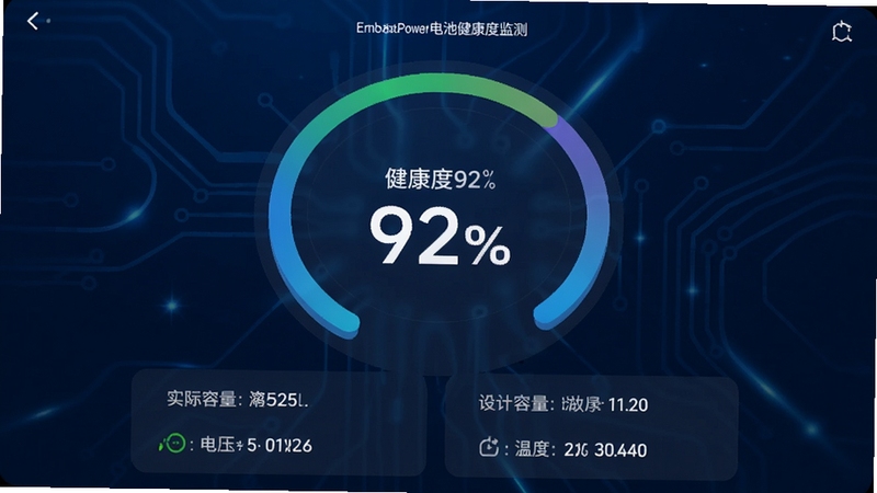 EmbBatPower��ؽ����ȼ����棬��ʾһ��Բ�ν��Ȼ�������Ϊ��������92%���������·��г�ʵ�������������������ѹ���¶ȵ���ϸ����������Ϊ����ɫ�Ƽ��н��䣬�������������������Ʒ��ͼ���