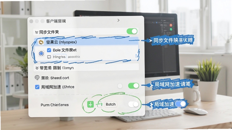坚果云客户端设置界面截图,展示同步文件夹选择、带宽限制调整、局域网加速开关等选项,画面清晰标注关键设置项,背景为柔和办公场景