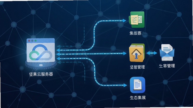 坚果云WebDAV连接示意图,展示坚果云服务器与多款第三方应用图标(如笔记软件、文献管理工具)之间的数据流动线条,背景为网络节点图,突出生态集成能力