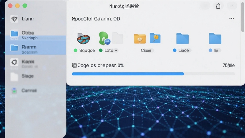 坚果云同步文件夹界面截图风格,展示文件状态图标与同步进度条,背景为抽象的数据网格,画面清晰展示增量同步的速度优势,科技感十足