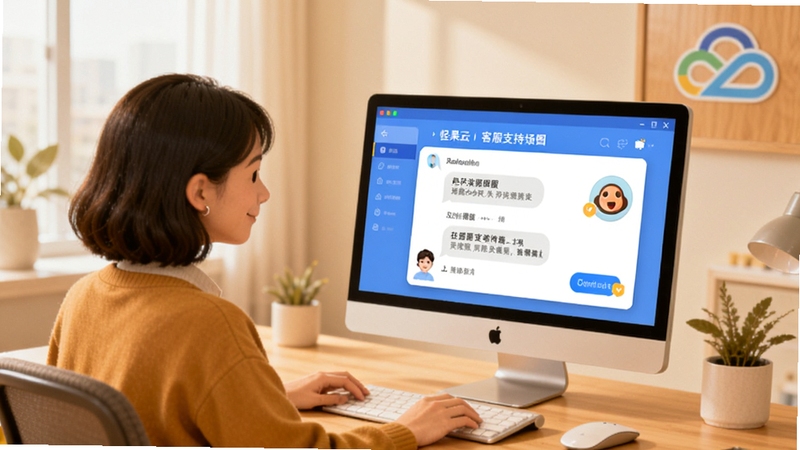 坚果云客服支持场景图,展示用户在电脑前与在线客服对话框互动的画面,背景为办公桌与坚果云logo,整体色调温馨,体现及时服务