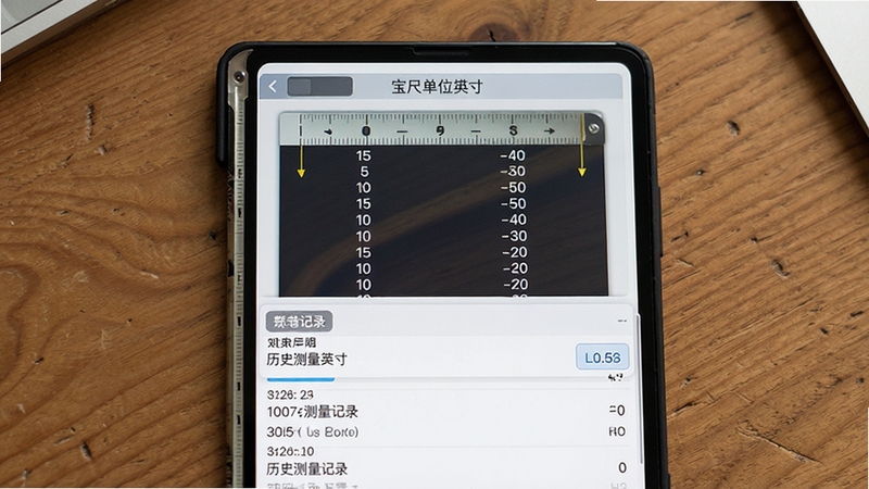 宝尺单位换算界面,屏幕展示厘米与英寸对照表,下方有历史测量记录列表,背景为木质桌面,界面设计简洁清晰