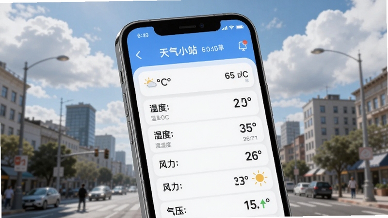 天气小站实时监测功能示意图,手机屏幕展示详细的气象数据列表,包括温度、湿度、风力和气压,背景为城市街景与云层,画面包含天气小站的应用界面特写,设计写实风格,光线明亮,突出数据清晰易读,16:9比例