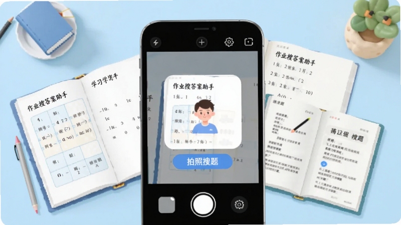 作业搜答案助手主界面展示,手机屏幕中央显示拍照搜题功能,周围有数学习题和课本元素,背景为浅蓝色学习场景,画面清晰明亮,突出软件便捷搜题的核心功能。