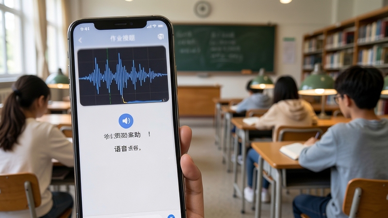 作业搜答案助手语音搜题功能界面,手机屏幕展示语音输入波形图与识别出的题目文字,背景为课堂或图书馆场景,突出语音交互的便捷性。