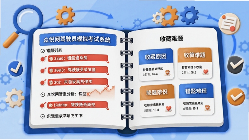 创意信息图风格的插画,主体为一本打开的电子笔记本,笔记本左页显示众悦网驾驶员模拟考试系统错题列表,红色标记错题原因,右页展示收藏的难题卡片,背景有放大镜、齿轮、对勾等图标装饰,配色以蓝色和橙色为主,突出智能分析与个性化学习,画面清晰直观,适合软件功能展示。