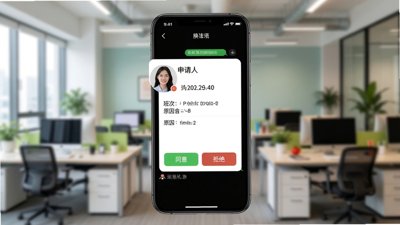 番茄排班换班审批流程界面截图,画面中央为手机对话式界面,显示一条换班申请卡片,包含申请人头像、班次时间、原因备注,下方有“同意”和“拒绝”按钮,背景为模糊的办公区,整体色调清新,信息层级分明。