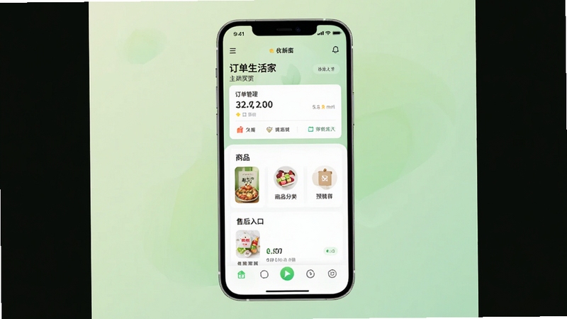 肉团生活家-Pro主界面预览图,展示手机屏幕中软件首页的订单管理、商品分类、售后入口等核心功能模块,背景为柔和的浅绿色渐变,画面中心为一部智能手机,屏幕内容清晰可见,整体风格现代简约,适配应用商店截图展示
