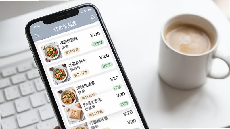 肉团生活家-Pro订单列表界面特写,手机屏幕上显示多行订单卡片,包含商品缩略图、订单编号、金额与状态标签,背景为干净的白色办公桌面,旁边摆放一杯咖啡,体现高效管理场景,画质清晰,色彩自然