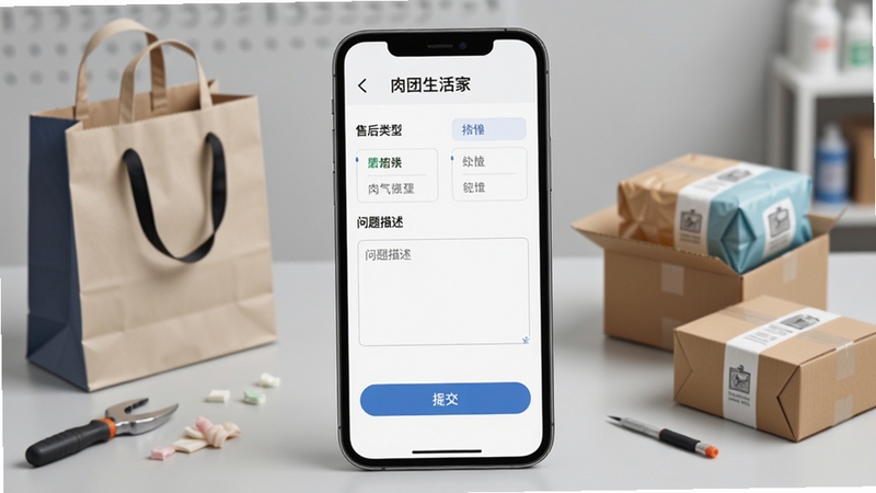 肉团生活家-Pro售后申请页面示意图,手机界面展示售后类型选择、问题描述填写框和提交按钮,背景为浅灰色工作台,旁边有购物袋和商品包装盒,体现售后处理场景,图片风格写实,细节丰富