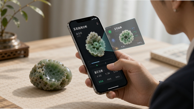 皇石坊软件使用场景示意图,用户手持手机扫描桌面上的翡翠原石,屏幕中浮现玉石结构分析数据,画面光线柔和,展示科技与传统收藏的结合