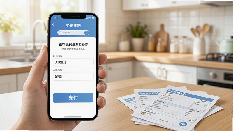 银领惠民缴费功能操作界面图,手机屏幕展示水电费缴纳页面,包含金额输入和支付按钮,背景为明亮的厨房一角,桌面有水电账单,画面写实清晰,突出便捷支付场景